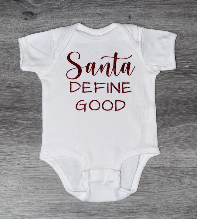 Load image into Gallery viewer, Glitter Design Santa Define Good Bodysuit - PREMADE READY TO SHIP 3-6 MONTH FIT