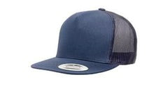 Load image into Gallery viewer, a blue trucker hat with a black mesh front