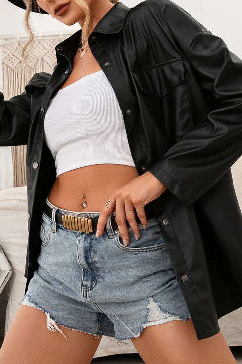 Load image into Gallery viewer, Black Leather Like Long Sleeve Button Up Top