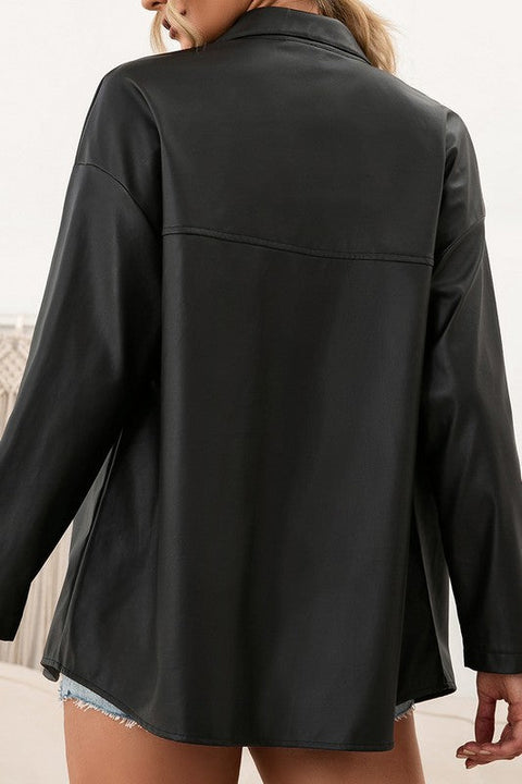 Load image into Gallery viewer, Black Leather Like Long Sleeve Button Up Top