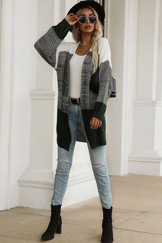 Women's Mid-length Stitching Loose Color-Block Knitted Cardigan Sweater