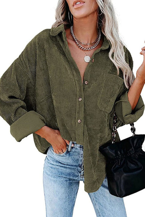 Load image into Gallery viewer, Army Green Corduroy Long Sleeve Button Up Top
