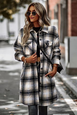 Load image into Gallery viewer, Plaid Button Down Shacket Jacket Long Sleeve Coat With Pockets