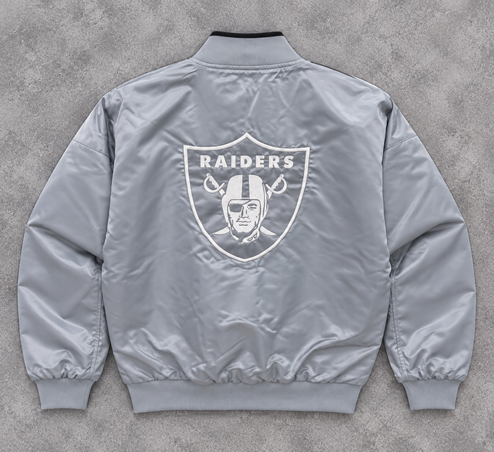 Load image into Gallery viewer, Women’s Starter NFL Las Vegas Raiders Satin Bomber Jacket – Silver/Gray