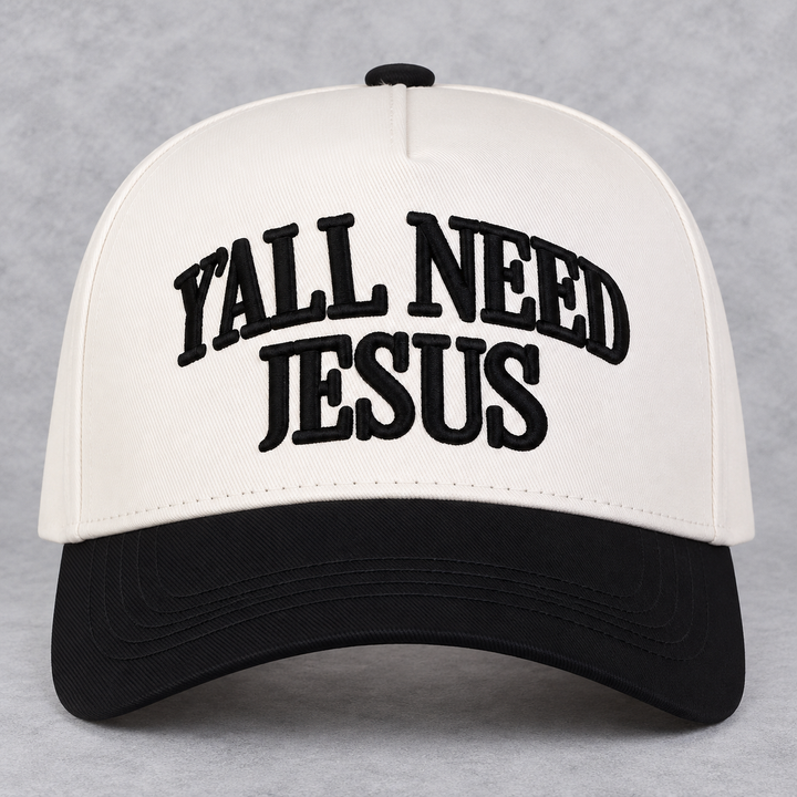 Load image into Gallery viewer, Y’all Need Jesus Trucker Hat | Cream &amp; Black Embroidered Faith Hat