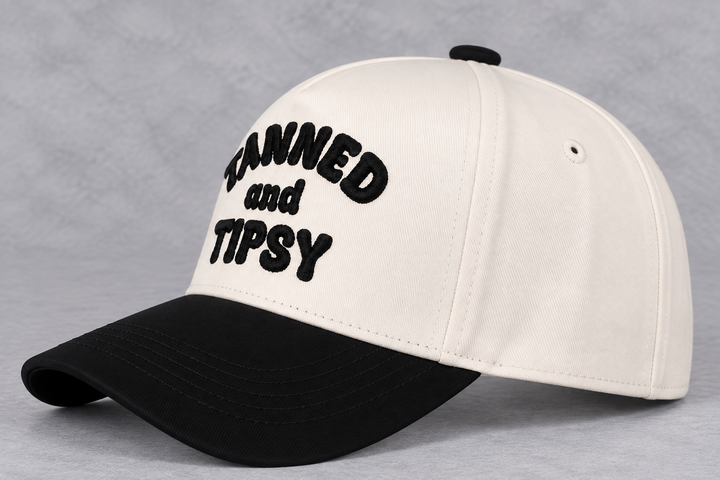Load image into Gallery viewer, TANNED &amp; TIPSY Trucker Hat | Cream &amp; Black Embroidered Summer Hat
