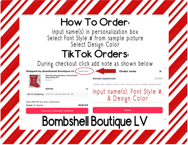 Load image into Gallery viewer, The image is a screenshot of a TIKTok Orders page from the Bombshell Boutique LV, featuring a red and white striped background.