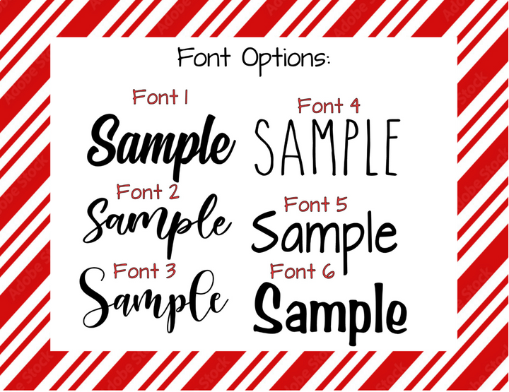 Load image into Gallery viewer, a variety of font options, including sample fonts, against a red and white striped background.