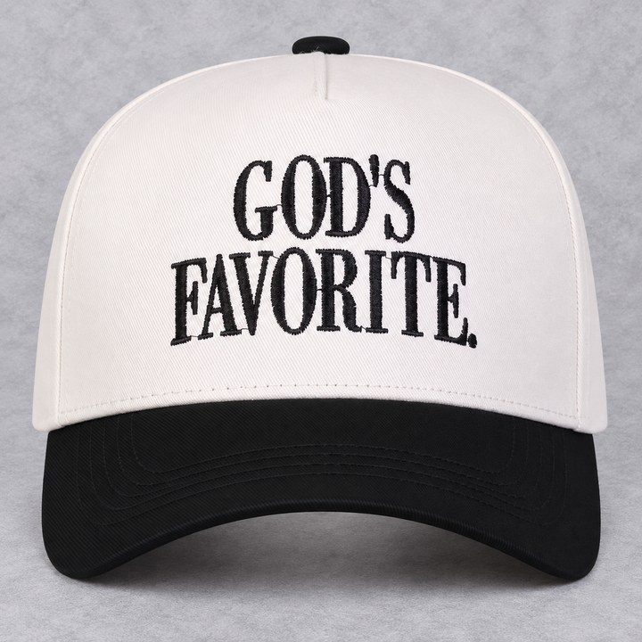 Load image into Gallery viewer, God’s Favorite Trucker Hat | Cream &amp; Black Embroidered Faith Hat