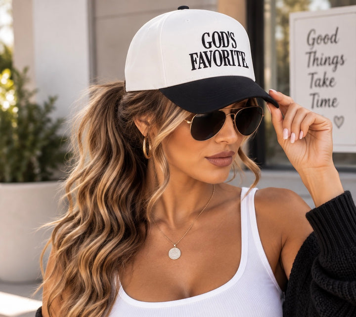 Load image into Gallery viewer, God’s Favorite Trucker Hat | Cream &amp; Black Embroidered Faith Hat