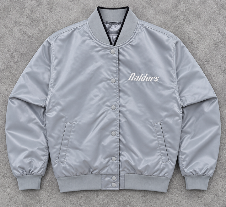 Load image into Gallery viewer, Women’s Starter NFL Las Vegas Raiders Satin Bomber Jacket – Silver/Gray