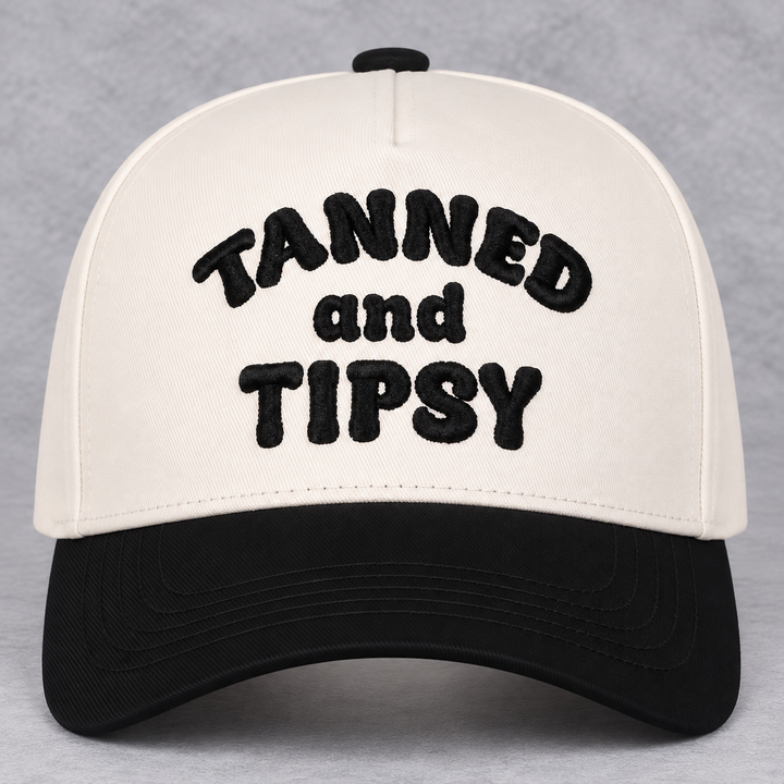 Load image into Gallery viewer, TANNED &amp; TIPSY Trucker Hat | Cream &amp; Black Embroidered Summer Hat