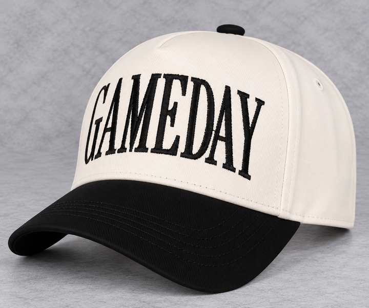 Load image into Gallery viewer, GAMEDAY Trucker Hat | Cream &amp; Black Embroidered Sports Hat | Game Day Hat