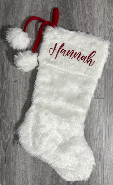 Load image into Gallery viewer, White Faux Fur With Pom Poms Christmas Stocking 20.5"