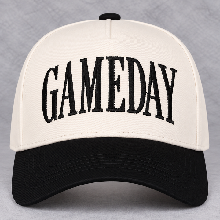 Load image into Gallery viewer, GAMEDAY Trucker Hat | Cream &amp; Black Embroidered Sports Hat | Game Day Hat