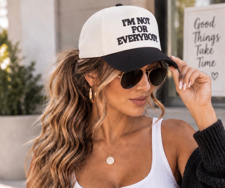 Load image into Gallery viewer, I’m Not for Everybody Trucker Hat | Cream &amp; Black Embroidered Statement Hat