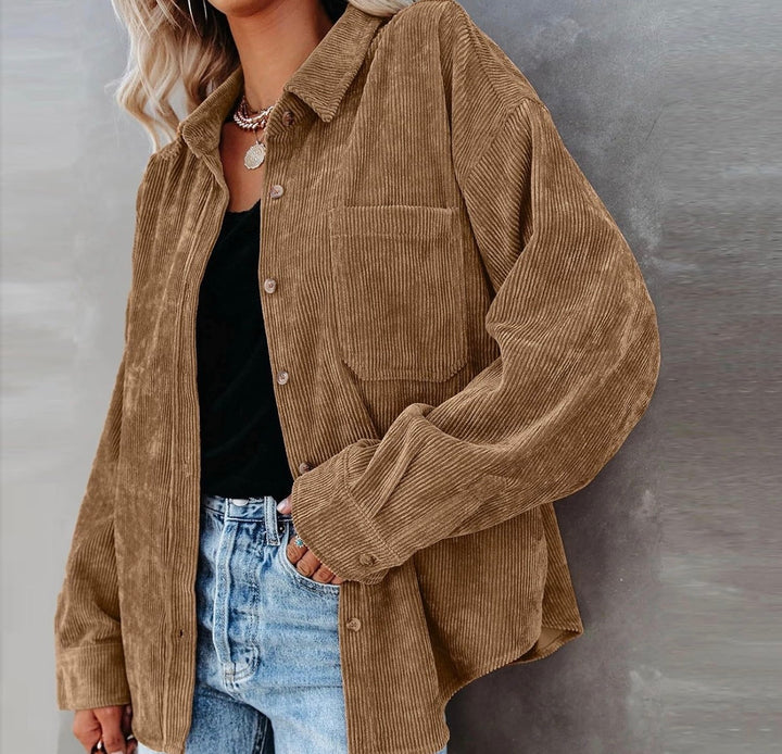 Load image into Gallery viewer, Camel Brown Corduroy Long Sleeve Button Up Top