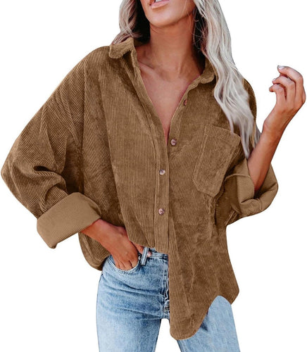 Camel Brown Corduroy Long Sleeve Button Up Top
