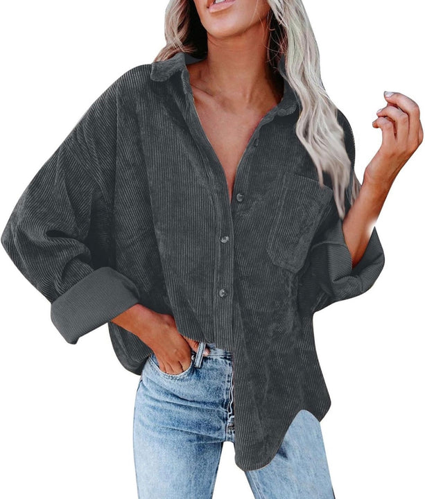Load image into Gallery viewer, Dark Gray Corduroy Long Sleeve Button Up Top