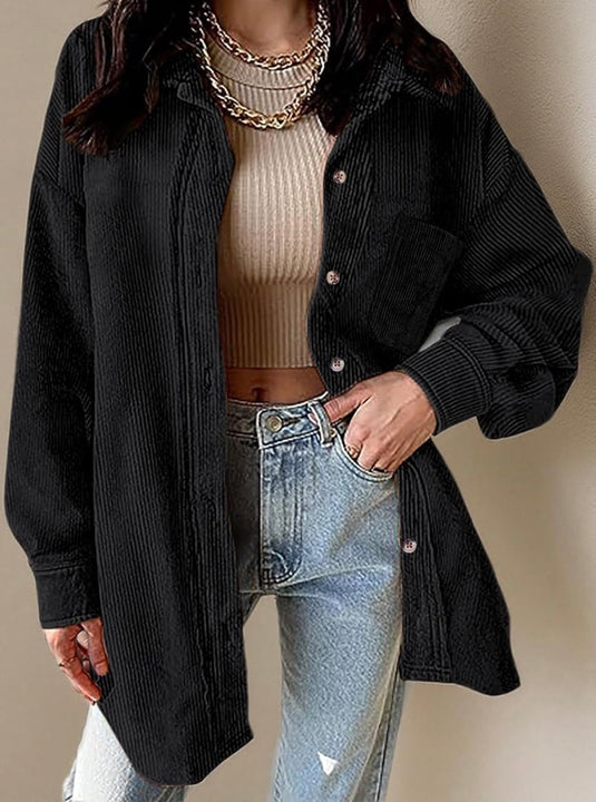 Load image into Gallery viewer, Black Corduroy Long Sleeve Button Up Top