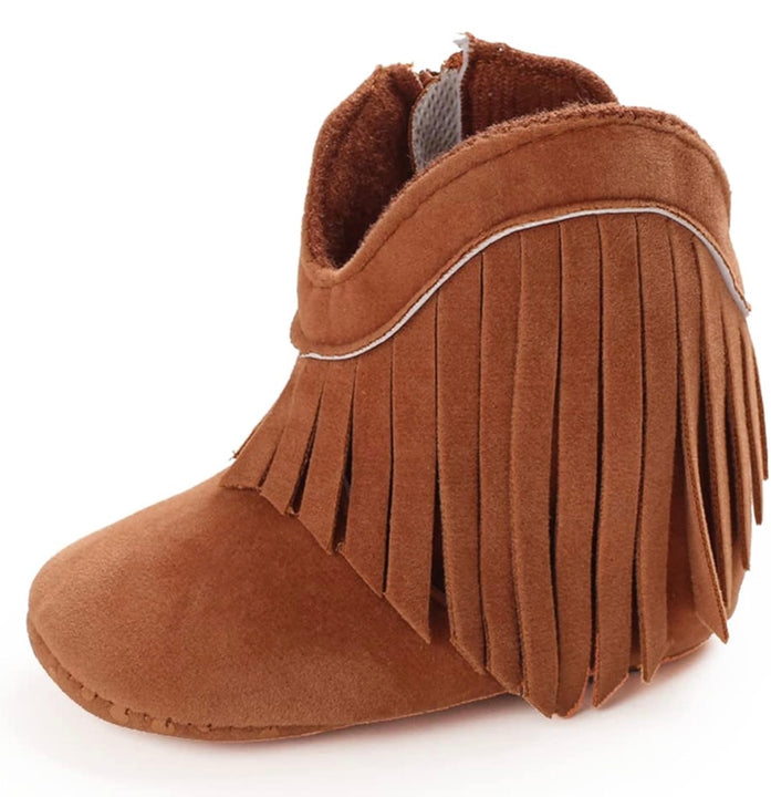 Load image into Gallery viewer, Camel Brown Fringe Infant Cowboy Boots | Baby Girls Cowboy Tassel Boots Side Zipper Moccasins Soft Bottom Non-Slip Toddler Shoe