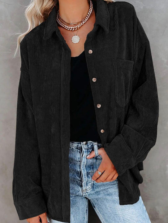 Load image into Gallery viewer, Black Corduroy Long Sleeve Button Up Top