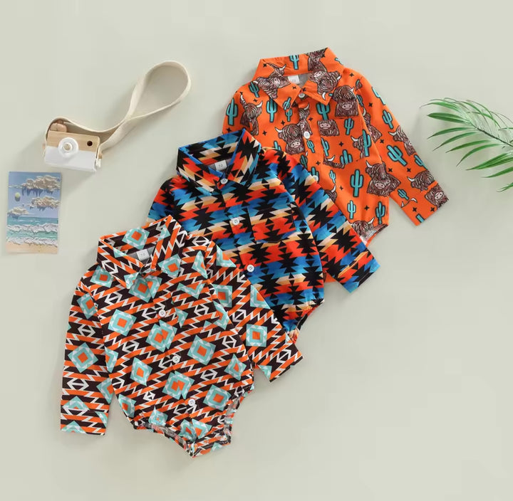 Load image into Gallery viewer, Aztec Long Sleeve Button Up Bodysuit | Western Bodysuit | Baby Boy Clothes