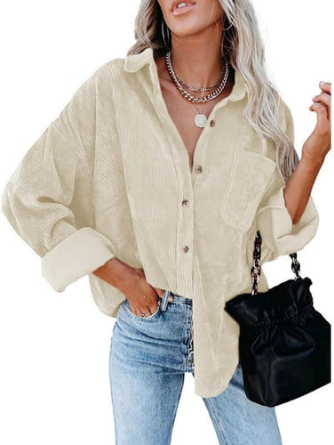 Beige Corduroy Long Sleeve Button Up Top