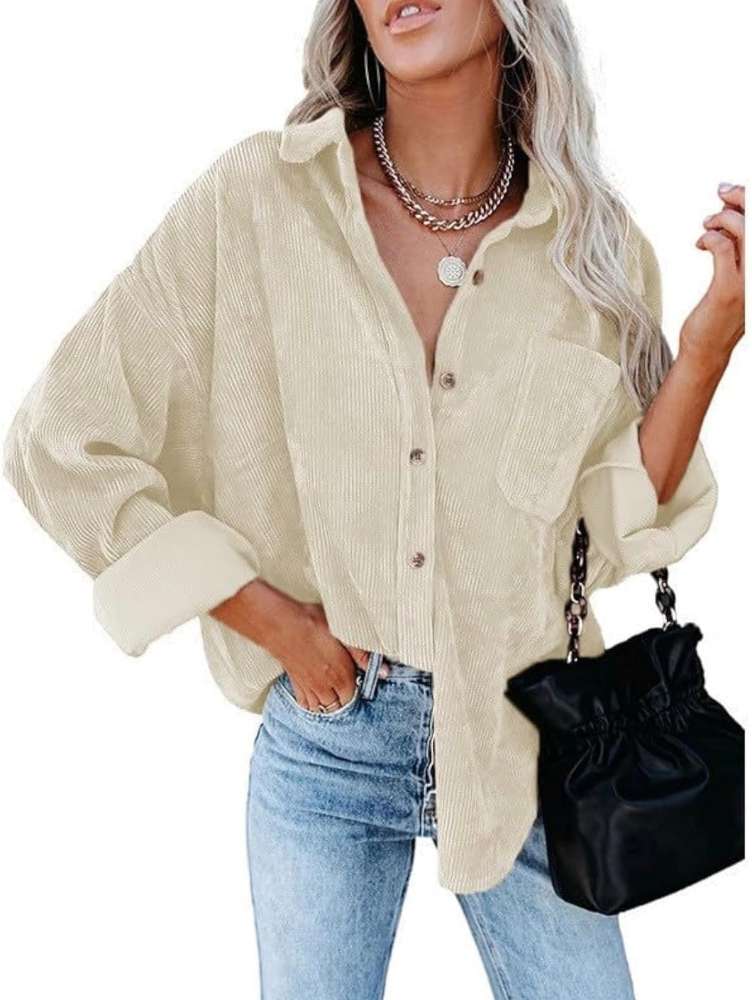 Beige Corduroy Long Sleeve Button Up Top