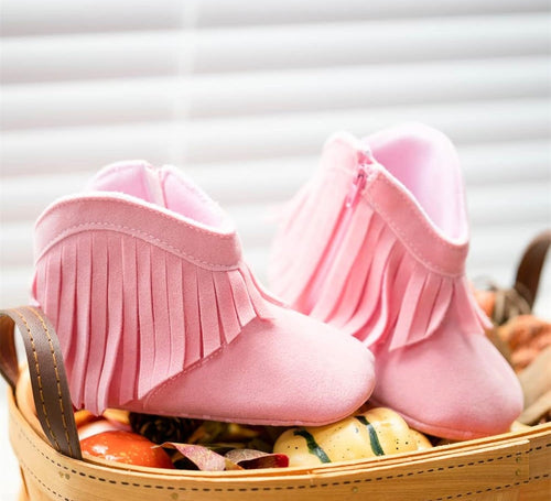 Light Pink Fringe Infant Cowboy Boots | Baby Girls Cowboy Tassel Boots Side Zipper Moccasins Soft Bottom Non-Slip Toddler Shoe