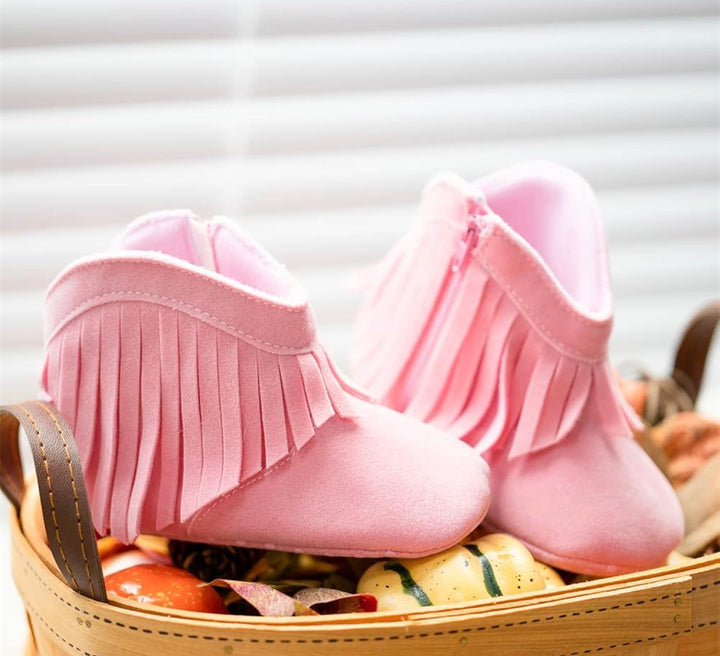 Load image into Gallery viewer, Light Pink Fringe Infant Cowboy Boots | Baby Girls Cowboy Tassel Boots Side Zipper Moccasins Soft Bottom Non-Slip Toddler Shoe