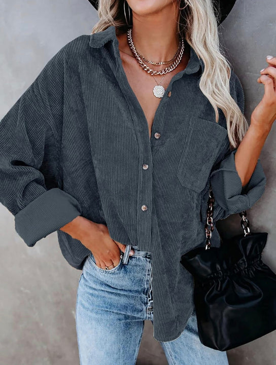 Load image into Gallery viewer, Dark Gray Corduroy Long Sleeve Button Up Top