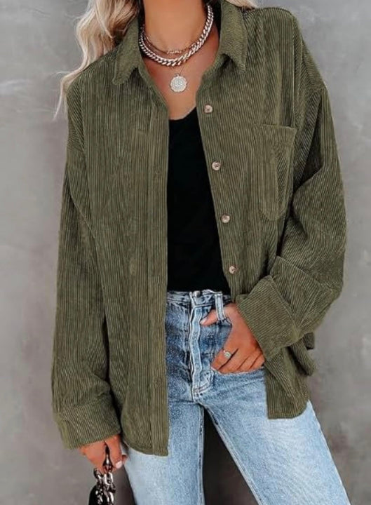 Load image into Gallery viewer, Army Green Corduroy Long Sleeve Button Up Top