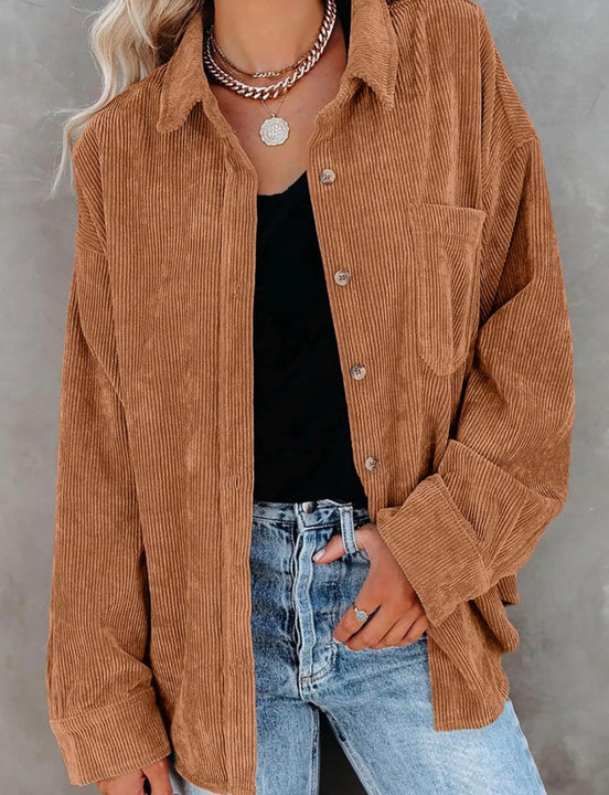 Load image into Gallery viewer, Caramel Corduroy Long Sleeve Button Up Top