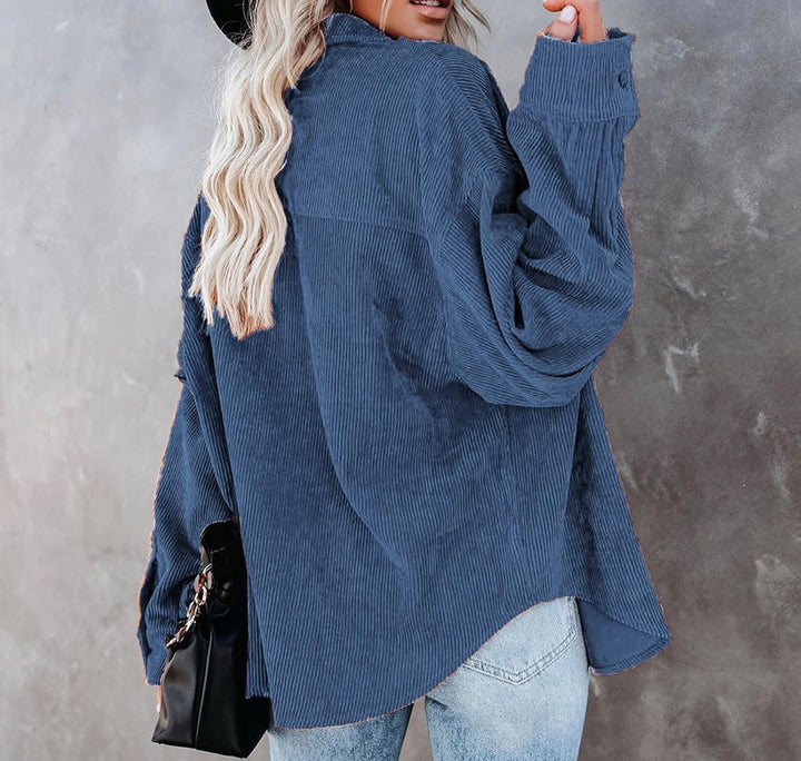 Load image into Gallery viewer, Blue Corduroy Long Sleeve Button Up Top