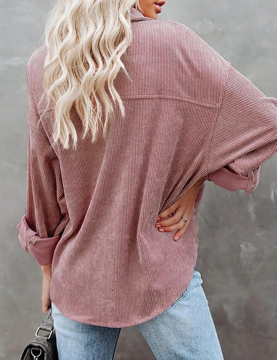 Load image into Gallery viewer, Pink Corduroy Long Sleeve Button Up Top