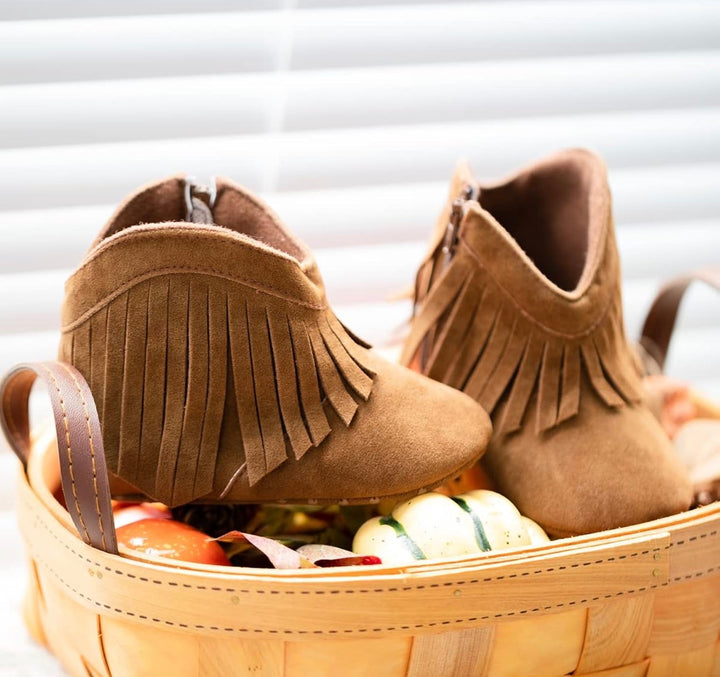 Load image into Gallery viewer, Camel Brown Fringe Infant Cowboy Boots | Baby Girls Cowboy Tassel Boots Side Zipper Moccasins Soft Bottom Non-Slip Toddler Shoe