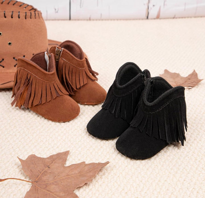 Load image into Gallery viewer, Black Fringe Infant Cowboy Boots | Baby Girls Cowboy Tassel Boots Side Zipper Moccasins Soft Bottom Non-Slip Toddler Shoe
