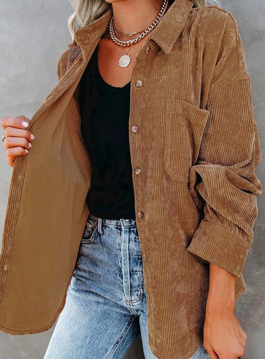 Load image into Gallery viewer, Camel Brown Corduroy Long Sleeve Button Up Top