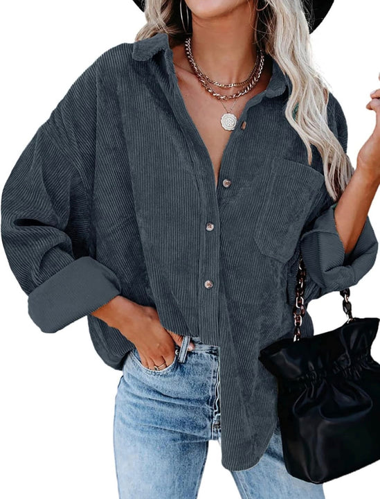 Load image into Gallery viewer, Dark Gray Corduroy Long Sleeve Button Up Top