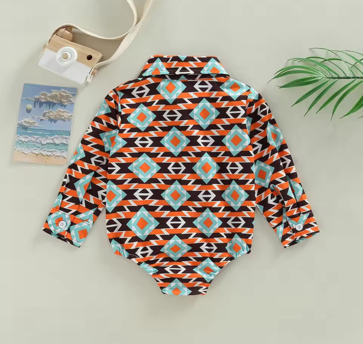 Load image into Gallery viewer, Aztec Long Sleeve Button Up Bodysuit | Western Bodysuit | Baby Boy Clothes