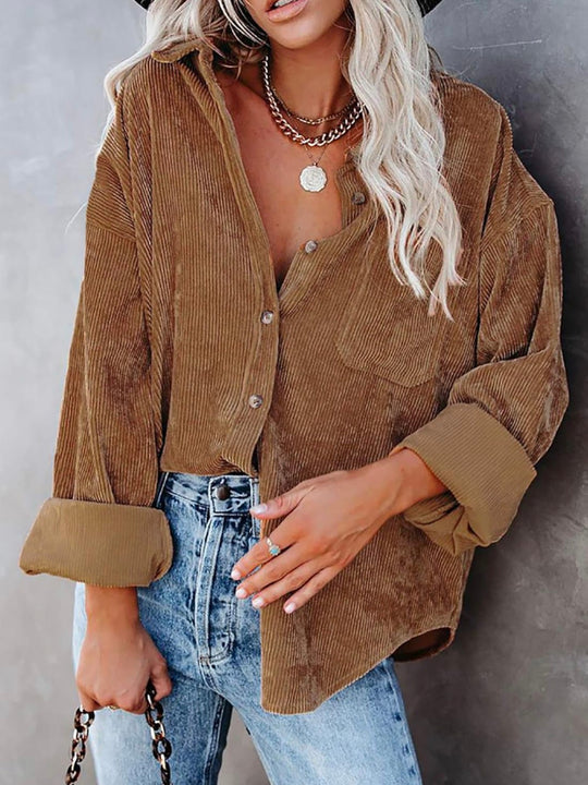 Load image into Gallery viewer, Camel Brown Corduroy Long Sleeve Button Up Top