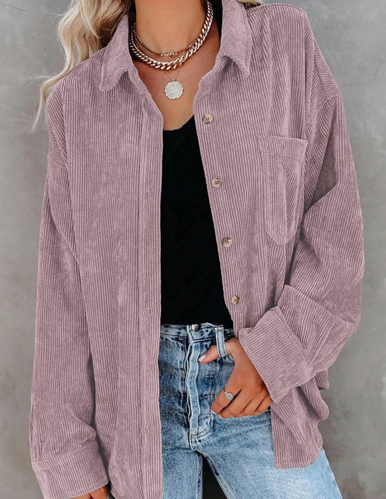 Load image into Gallery viewer, Pink Corduroy Long Sleeve Button Up Top