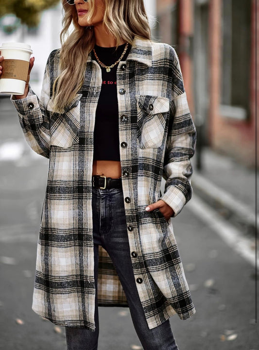 Load image into Gallery viewer, Plaid Button Down Shacket Jacket Long Sleeve Coat With Pockets