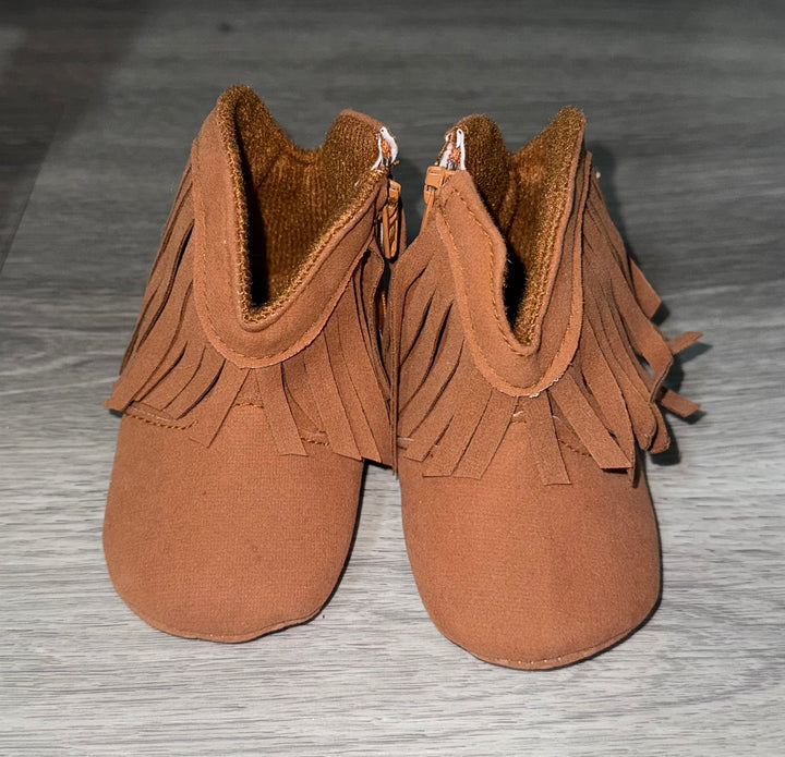 Load image into Gallery viewer, Camel Brown Fringe Infant Cowboy Boots | Baby Girls Cowboy Tassel Boots Side Zipper Moccasins Soft Bottom Non-Slip Toddler Shoe