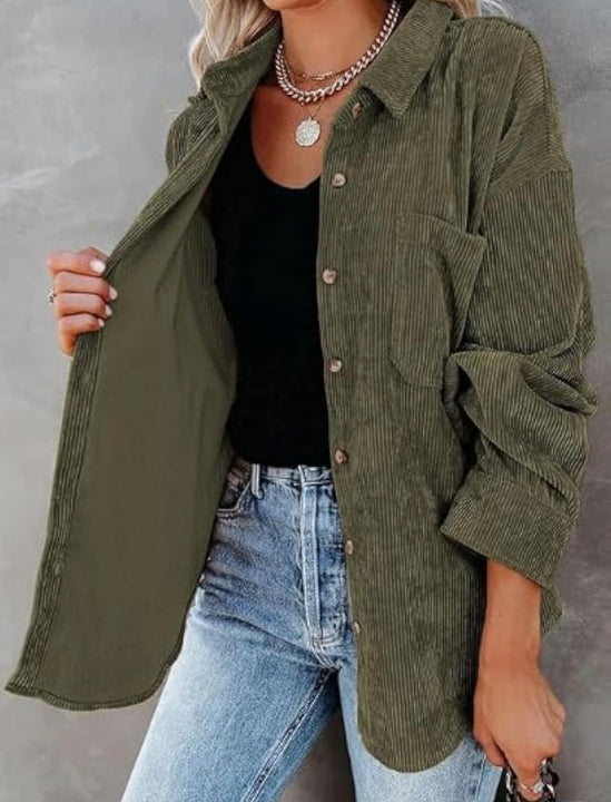 Load image into Gallery viewer, Army Green Corduroy Long Sleeve Button Up Top