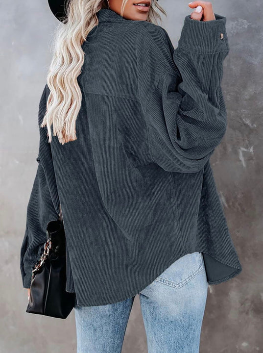 Load image into Gallery viewer, Dark Gray Corduroy Long Sleeve Button Up Top