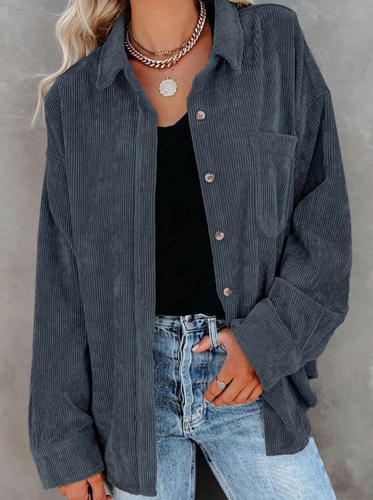 Load image into Gallery viewer, Dark Gray Corduroy Long Sleeve Button Up Top
