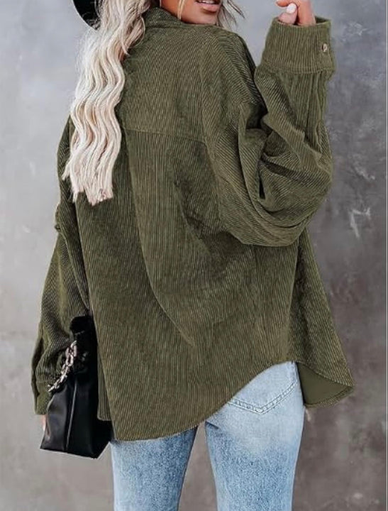 Load image into Gallery viewer, Army Green Corduroy Long Sleeve Button Up Top
