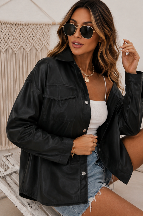 Load image into Gallery viewer, Black Leather Like Long Sleeve Snap Button